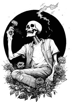 Tattoo template of a skeleton contemplating life, sitting amongst blooming flowers.