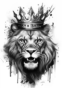 Tattoo template of a crowned lion with a fierce expression and ink splatter details