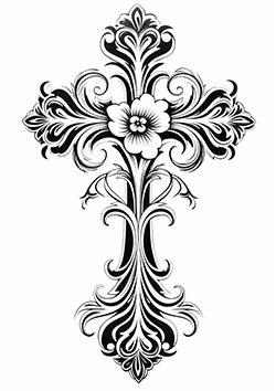 Tattoo template of a stylized floral cross with ornate details