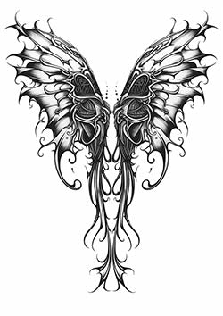 Tattoo template of a symmetrical pair of ornate wings with tribal design