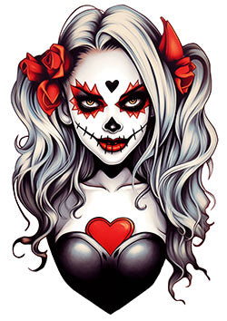 Tattoo template of a woman with sugar skull makeup and red roses in her hair