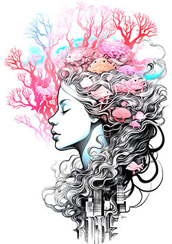 Tattoo template of a woman with coral and fish in her hair