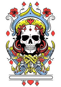 Tattoo template of a crowned skull with vibrant flowers and intricate patterns.