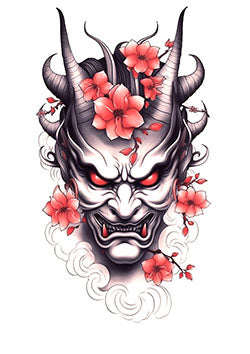 Tattoo template of an oni demon with flowers